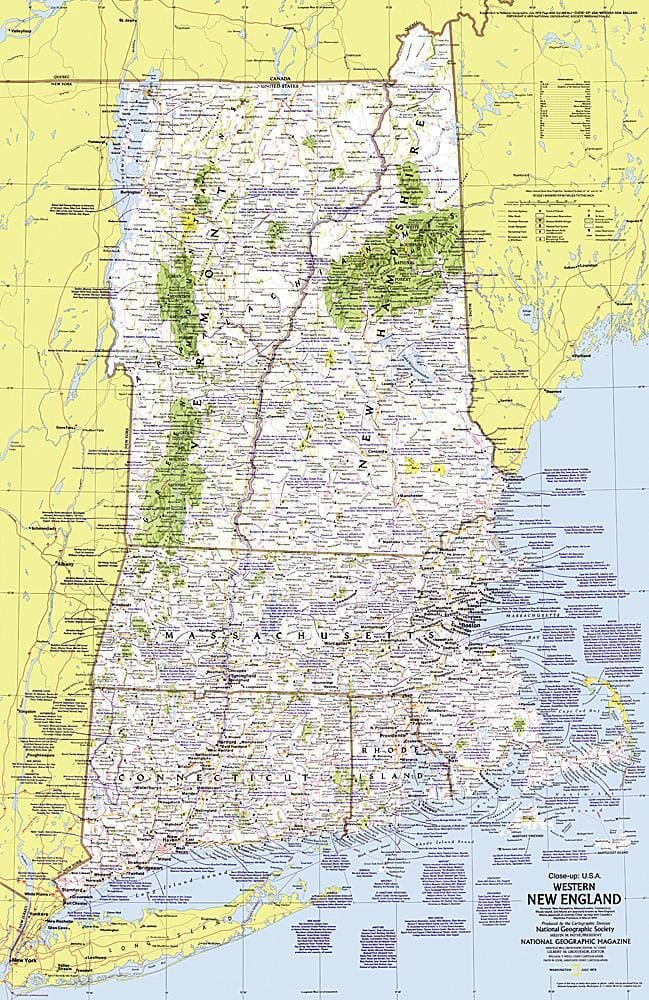 1975 Close-up USA, Western New England Map Wall Map 