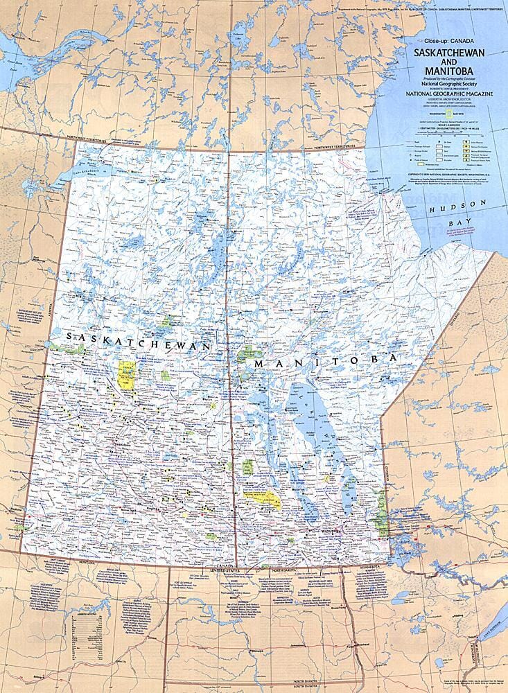 1979 Saskatchewan and Manitoba Canada Map Wall Map 