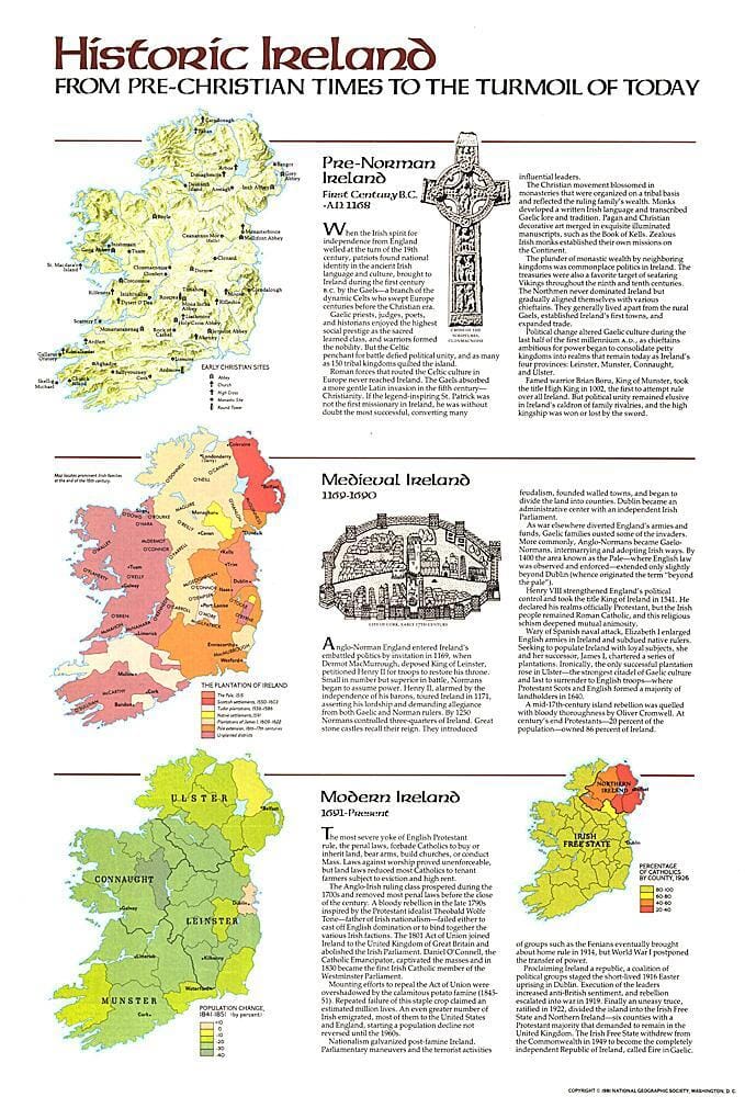 1981 Historic Ireland Theme Wall Map 