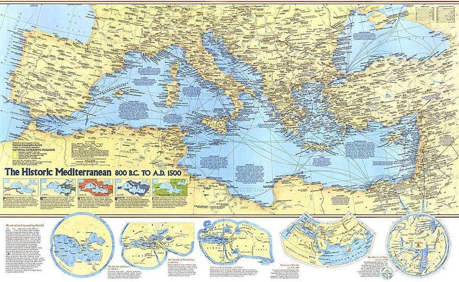 1982 Historic Mediterranean, 800 BC to AD 1500 Map Wall Map 