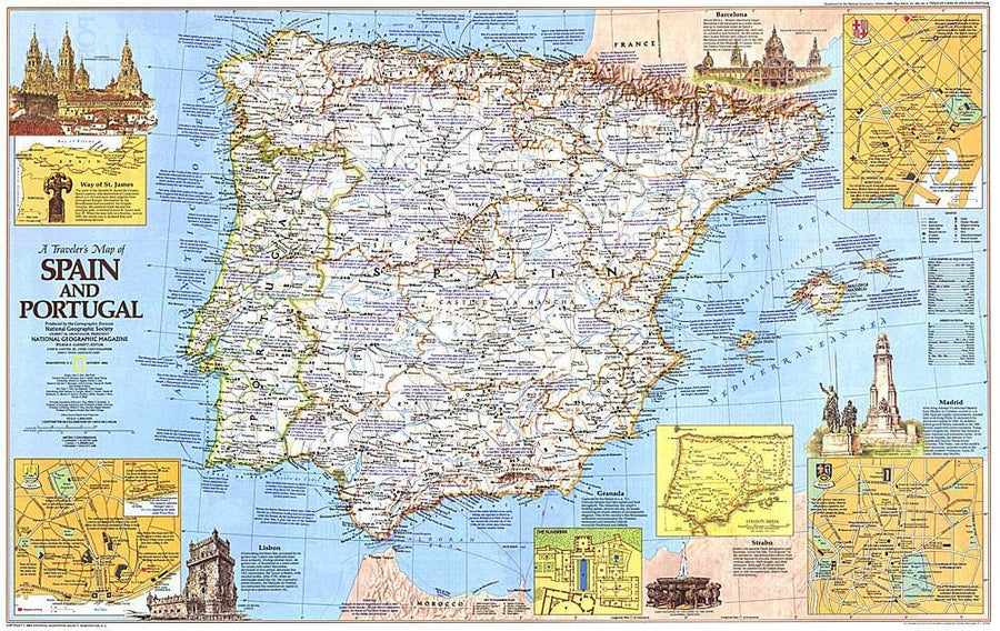 1984 Travelers Map of Spain and Portugal Wall Map 