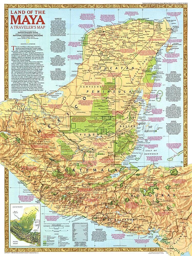 1989 Land of the Maya Map Wall Map 