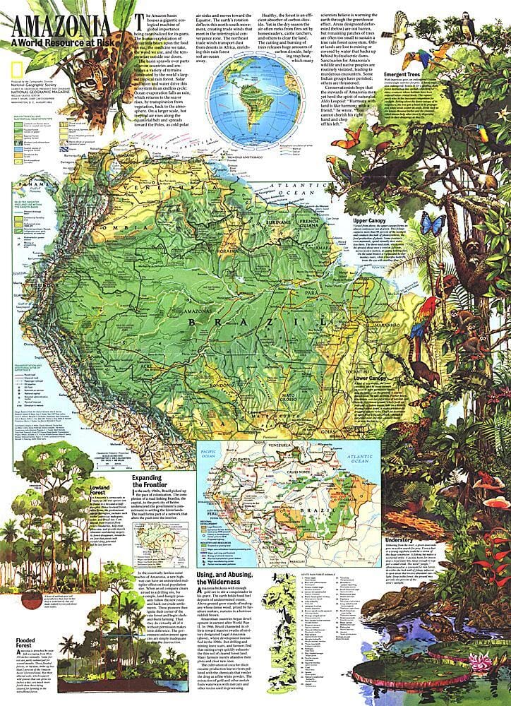 1992 Amazonia, a World Resource At Risk Map Wall Map 