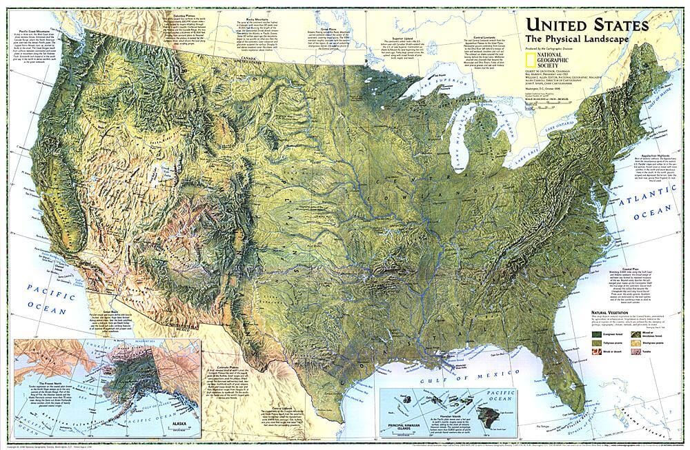 1996 United States, the Physical Landscape Map Wall Map 