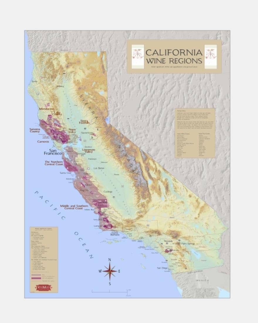 California - Most Prominent American Viticultural Areas | Vinmaps Wall Map Canvas 