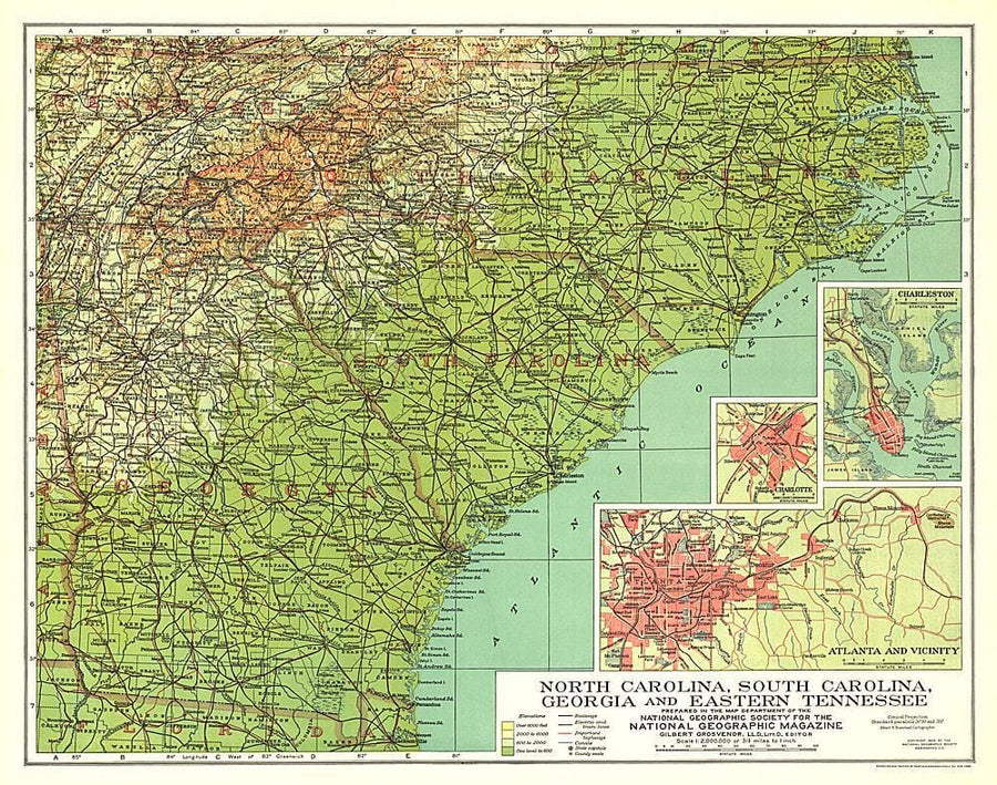 1926 North Carolina, South Carolina, Georgia and Eastern Tennessee Map Wall Map 