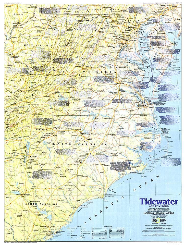 1988 Tidewater and Environs Map Wall Map 