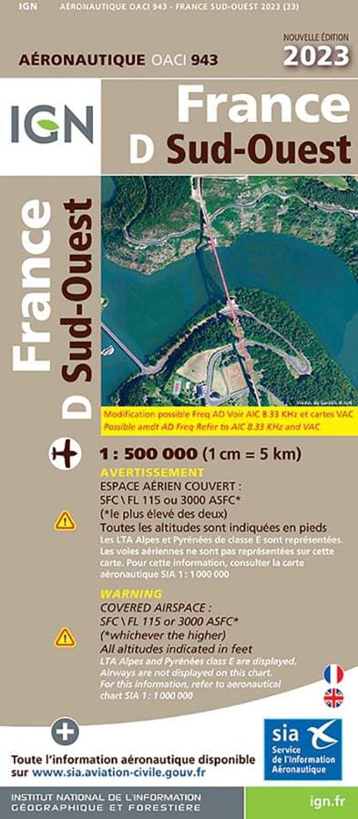 Carte aéronautique OACI 943 - France Sud-ouest 2023 | IGN carte pliée IGN 