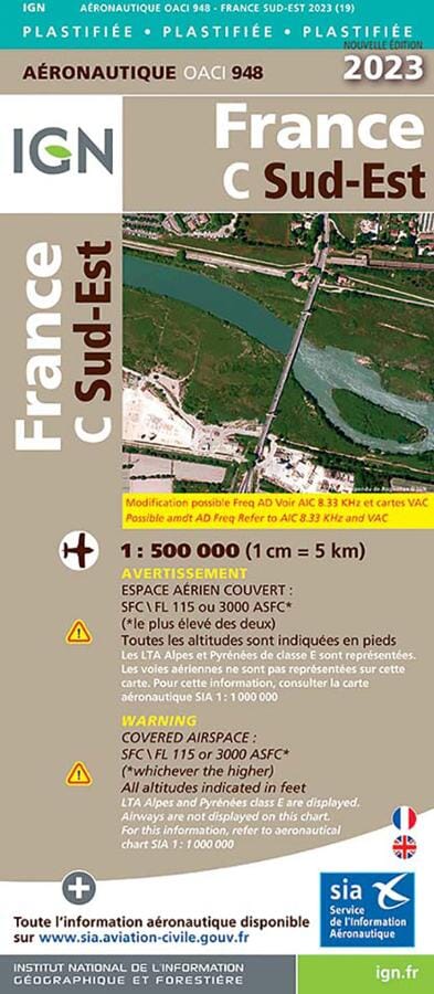 Carte aéronautique plastifiée OACI 948 - France Sud-est 2023 | IGN carte pliée IGN 