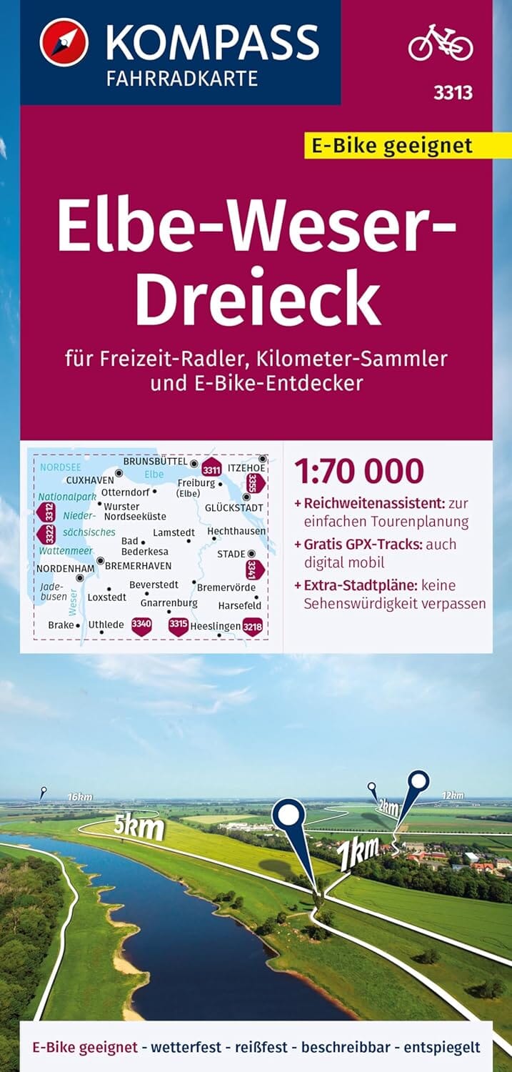 Carte cycliste n° F3313 - Elbe, Weser, Dreieck (Allemagne) | Kompass carte pliée Kompass 