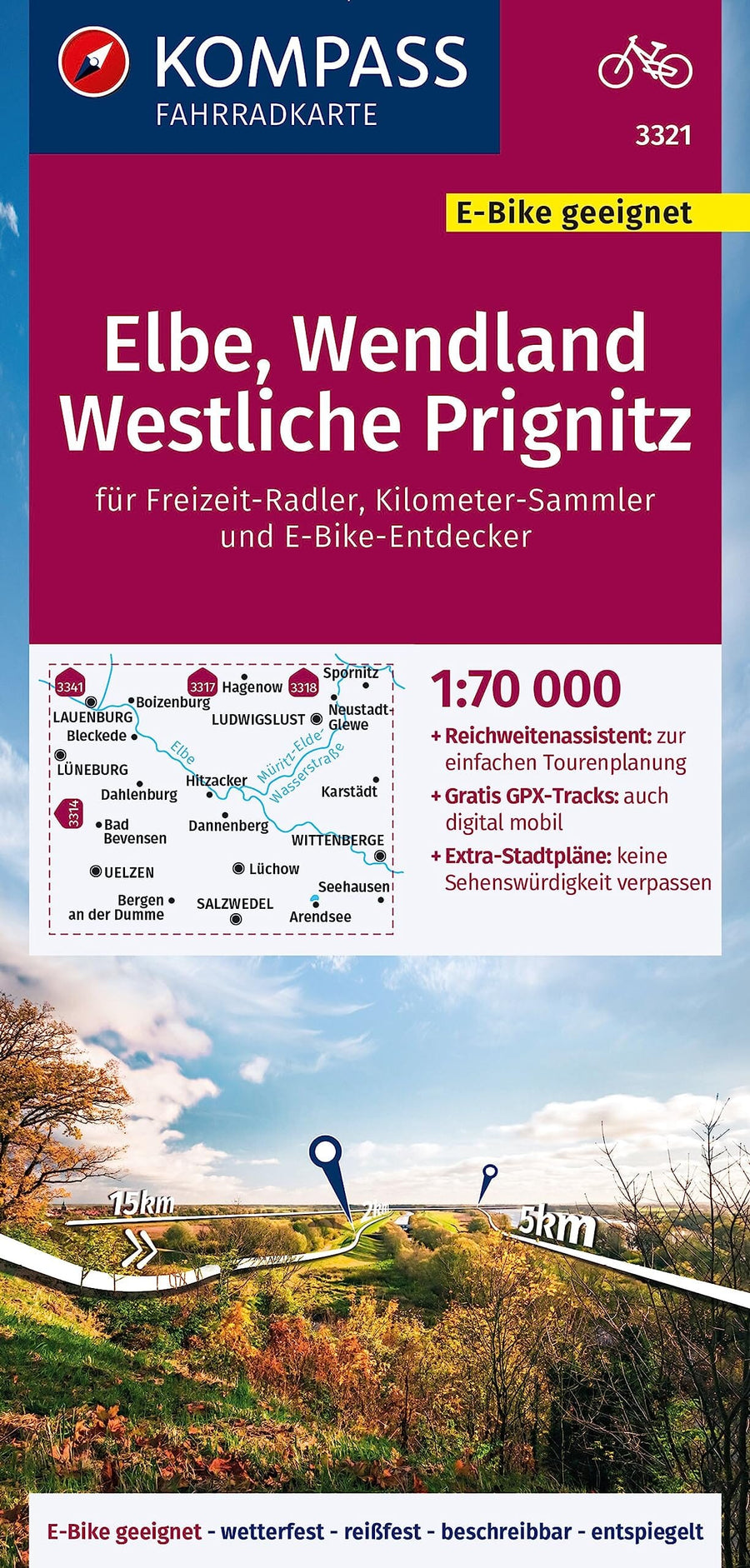 Carte cycliste n° F3321 - Elbe, Wendland, Westliche Prignitz (Allemagne) | Kompass carte pliée Kompass 