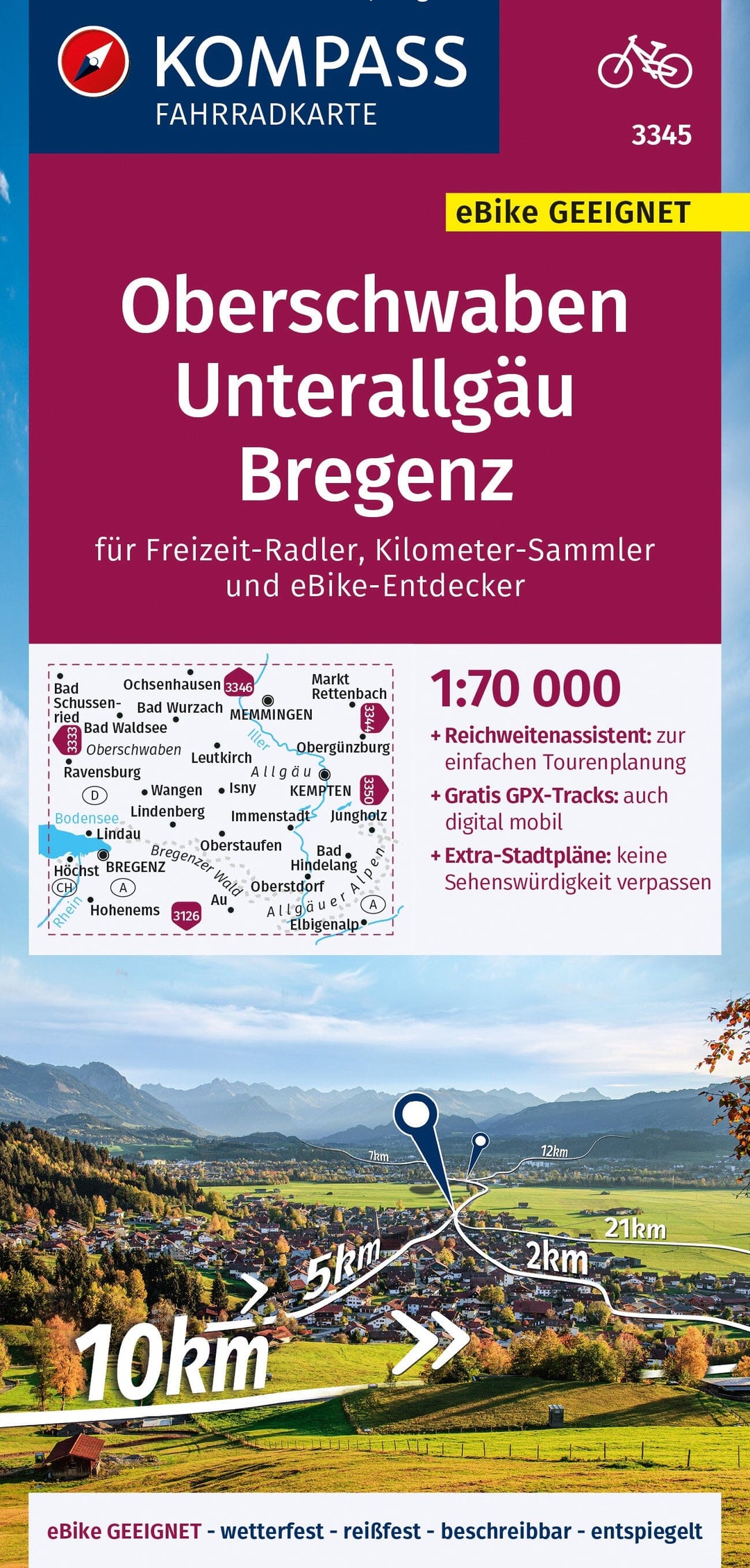 Carte cycliste n° F3345 - Oberschwaben, Unterallgäu (Allemagne) | Kompass carte pliée Kompass 