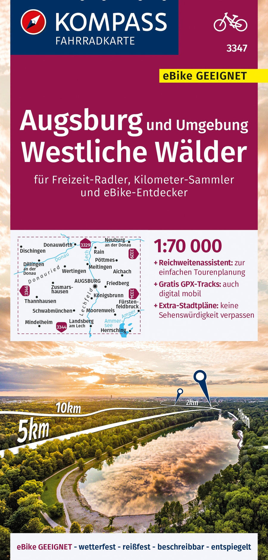 Carte cycliste n° F3347 - Augsburg & environs, Westliche Wälder (Allemagne) | Kompass carte pliée Kompass 