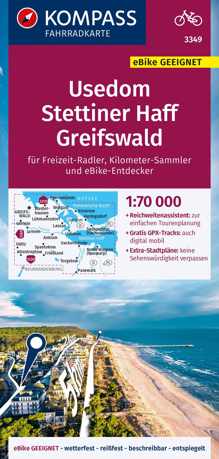 Carte cycliste n° F3349 - Usedom, Stettiner Haff, Greifswald (Allemagne) | Kompass carte pliée Kompass 