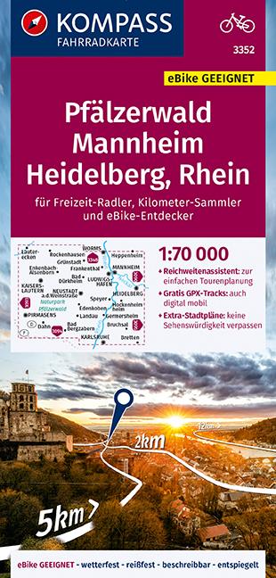 Carte cycliste n° F3352 - Pfälzerwald, Mannheim, Heidelberg, Rhein | Kompass carte pliée Kompass 