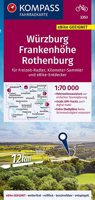 Carte cycliste n° F3353 - Würzburg, Frankenhöhe, Rothenburg (Allemagne) | Kompass carte pliée Kompass 