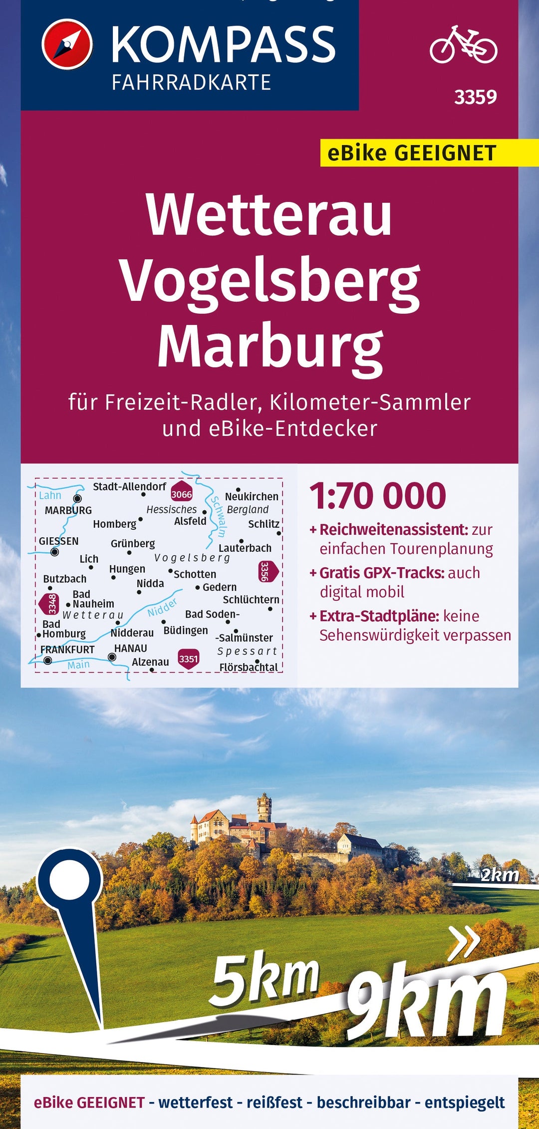 Carte cycliste n° F3359 - Wetterau, Vogelsberg, Marburg (Allemagne) | Kompass carte pliée Kompass 