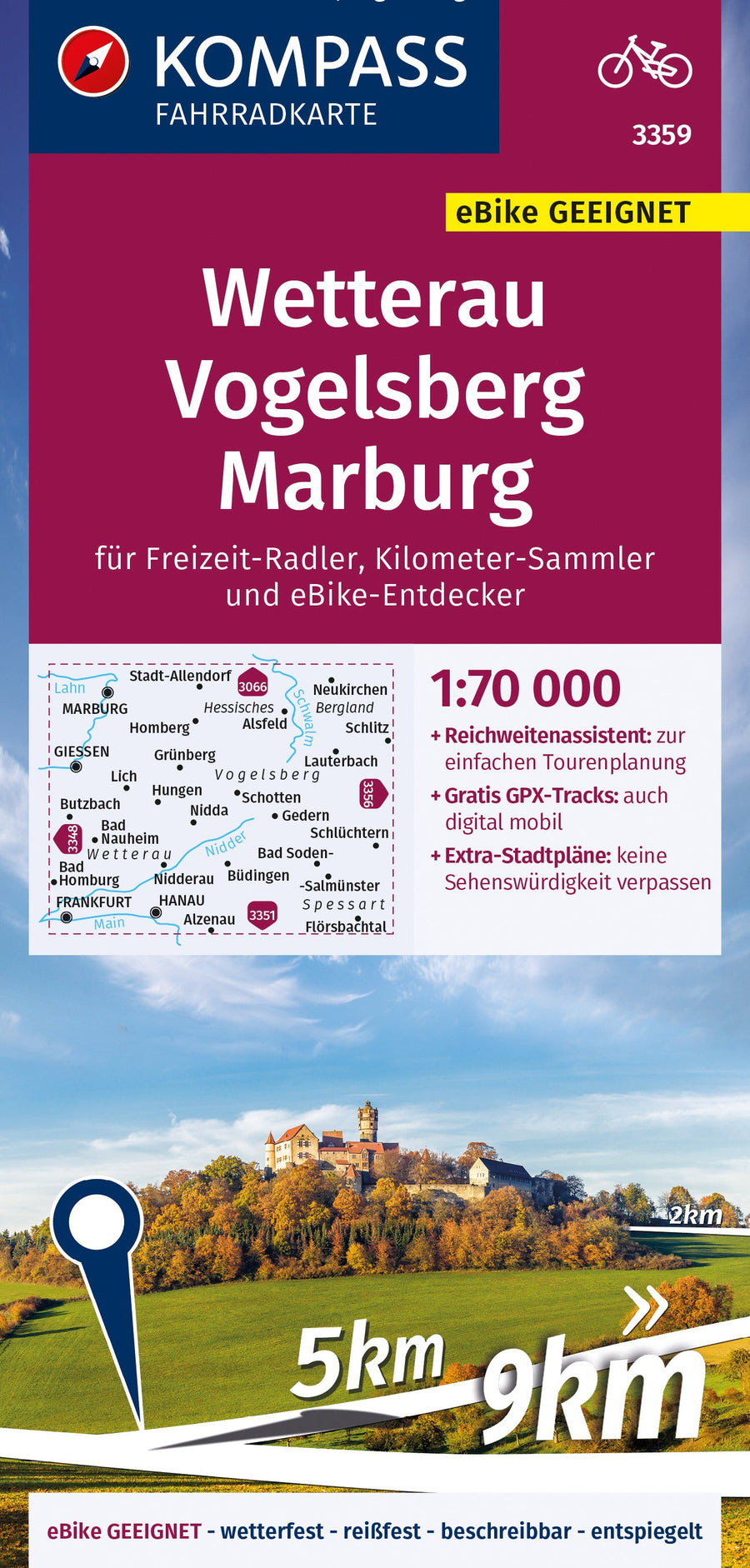 Carte cycliste n° F3359 - Wetterau, Vogelsberg, Marburg (Allemagne) | Kompass carte pliée Kompass 