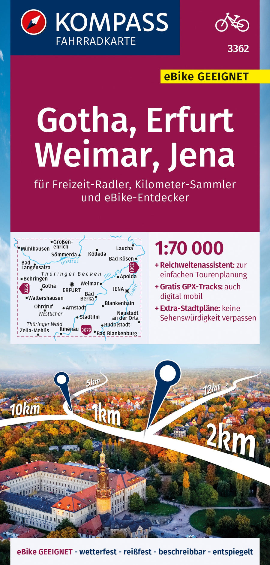 Carte cycliste n° F3362 - Gotha, Erfurt, Weimar, Jena (Allemagne) | Kompass carte pliée Kompass 