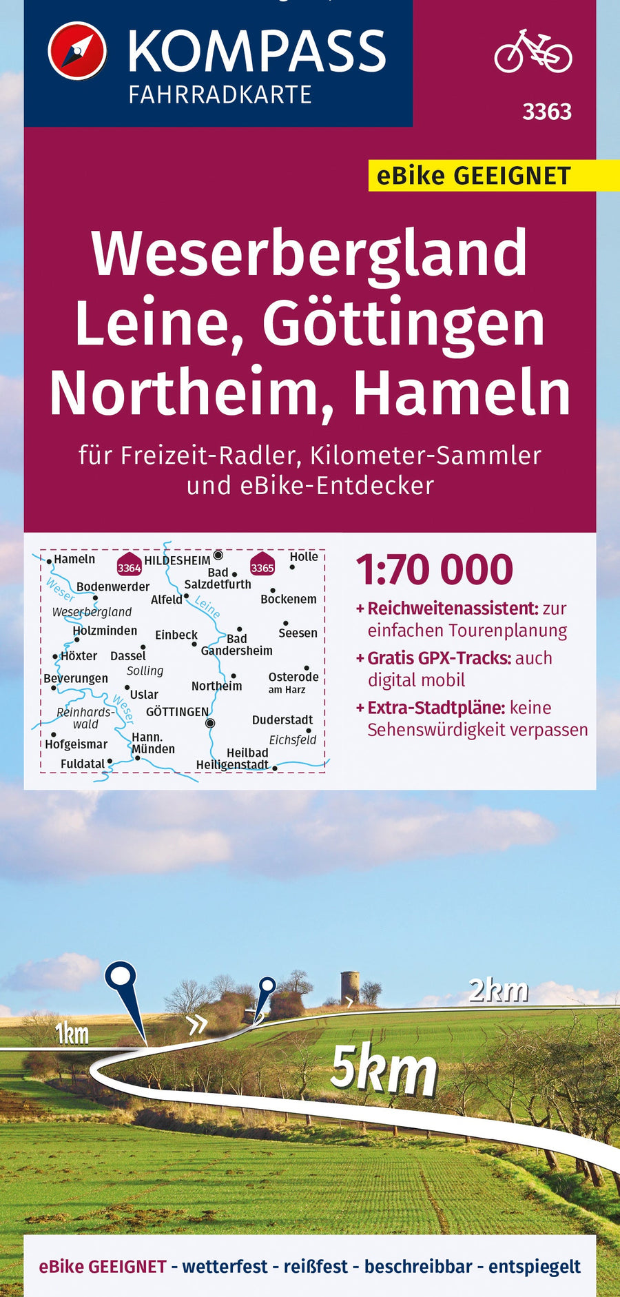 Carte cycliste n° F3363 - Weserbergland, Leine, Göttingen, Northeim, Hameln (Allemagne) | Kompass carte pliée Kompass 
