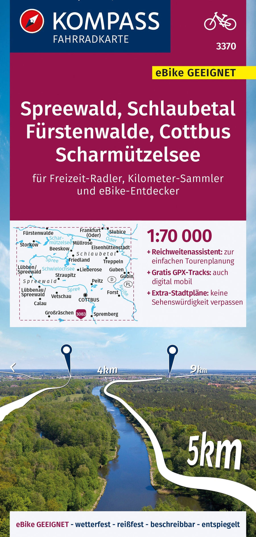 Carte cycliste n° F3370 - Spreewald, Schlaubetal, Fürstenwalde, Cottbus, Scharmützelsee + plan de ville (Allemagne) | Kompass carte pliée Kompass 
