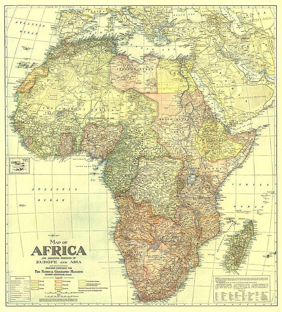 1922 Africa Map with portions of Europe and Asia Wall Map 