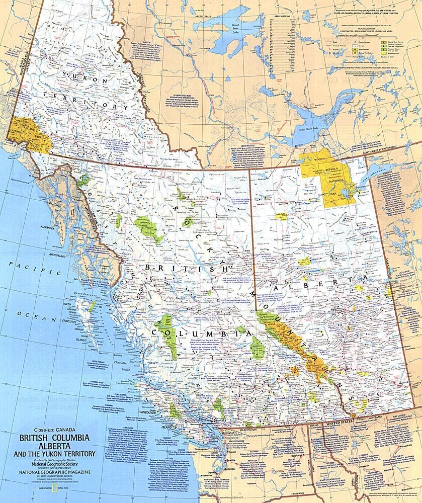 1978 British Columbia, Alberta and the Yukon Territory Map Wall Map 
