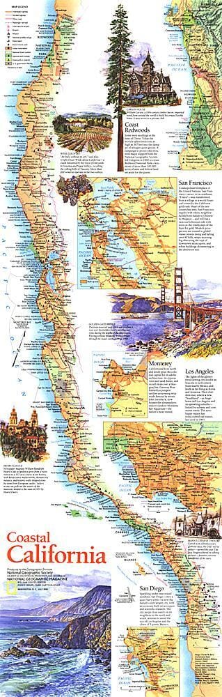 1993 Coastal California Map Wall Map 
