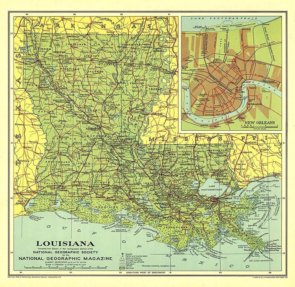 1930 Louisiana Map Wall Map 