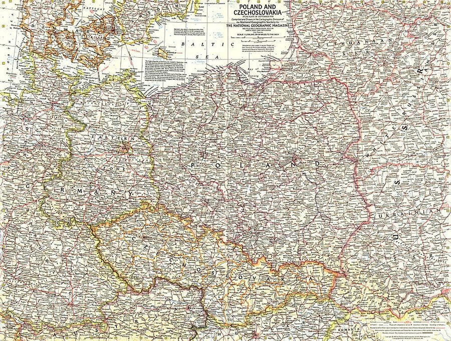 1958 Poland and Czechoslovakia Map Wall Map 