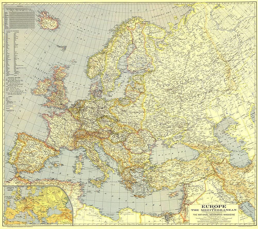 1938 Europe and the Mediterranean Map Wall Map 