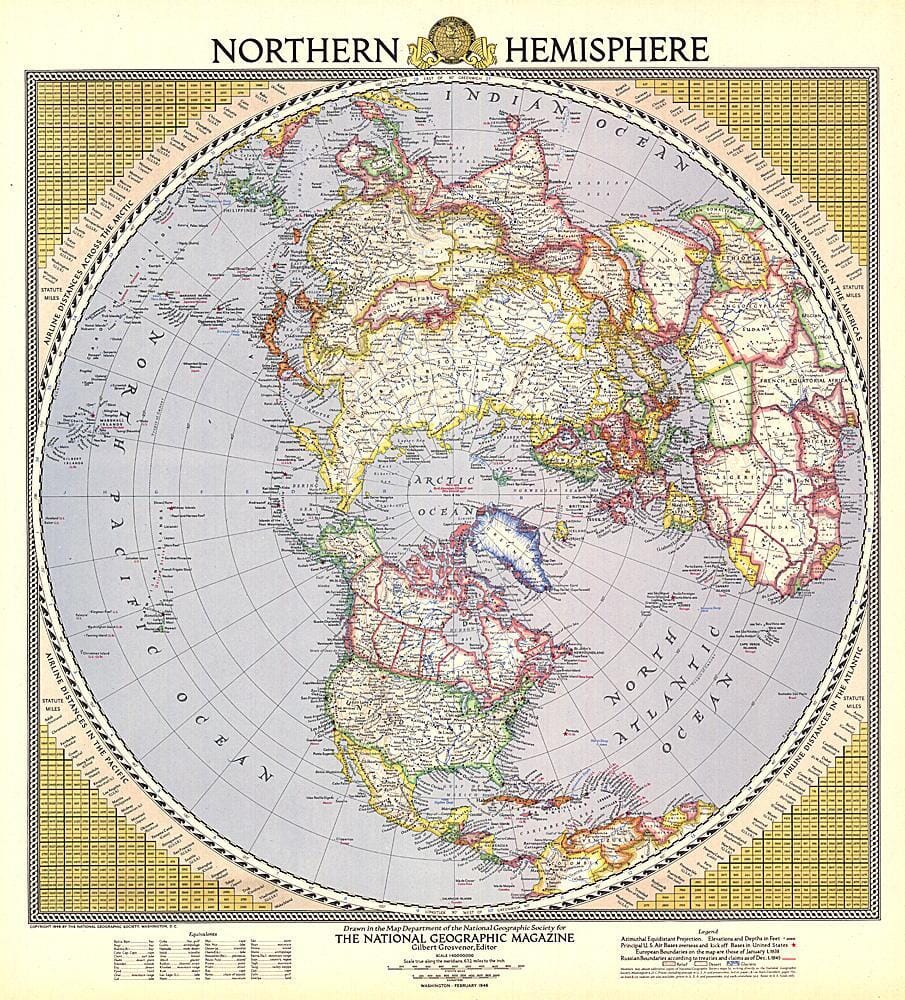 1946 Northern Hemisphere Map Wall Map 