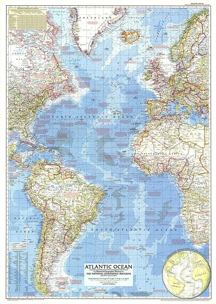 1955 Atlantic Ocean Map Wall Map 
