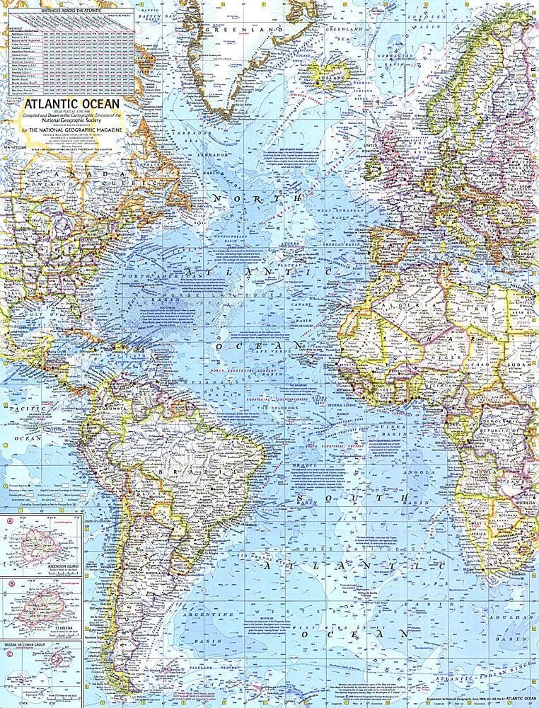 1968 Atlantic Ocean Map Wall Map 