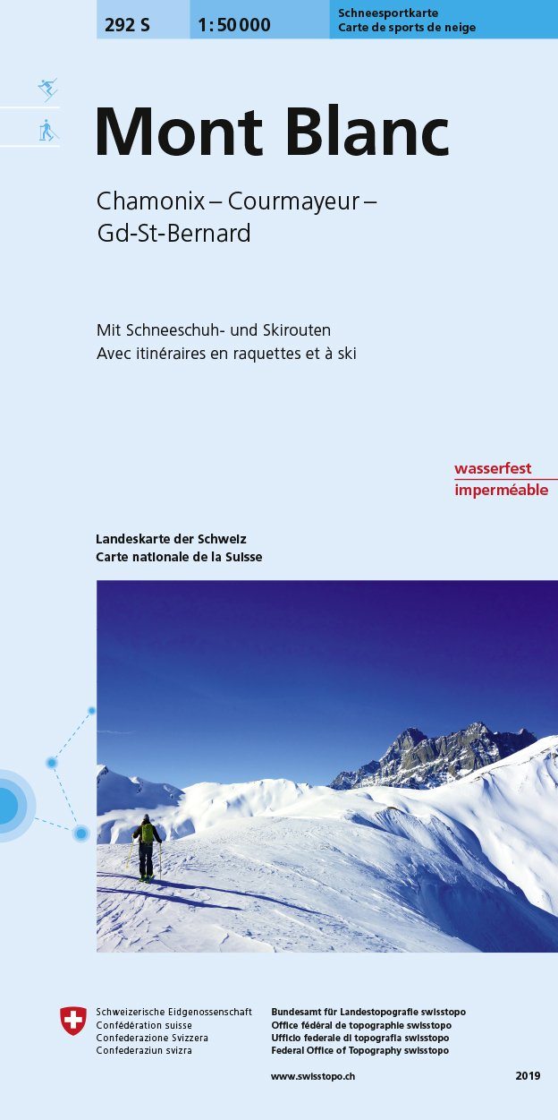 Carte de randonnée à ski n° 292S - Mont Blanc, Chamonix, Courmayeur, Gd-St-Bernard | Swisstopo - ski au 1/50 000 carte pliée Swisstopo 