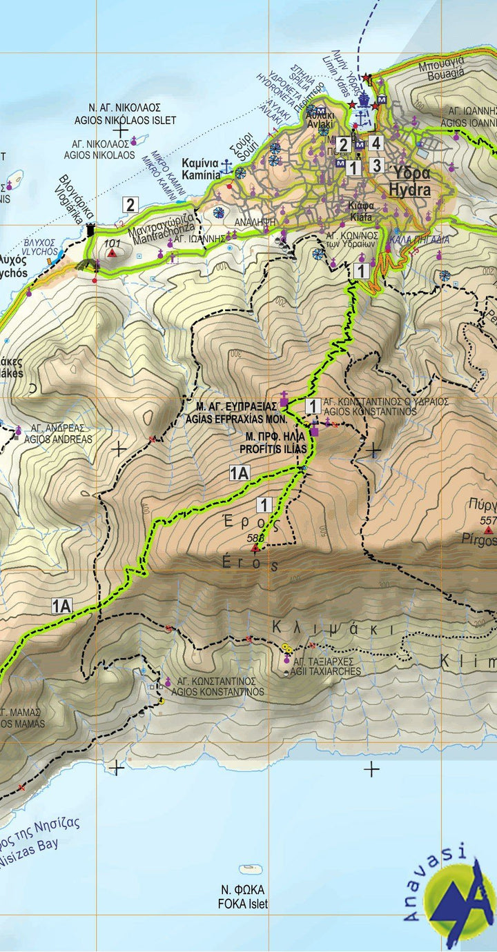 Carte de randonnée - île de Hydra | Anavasi carte pliée Anavasi 
