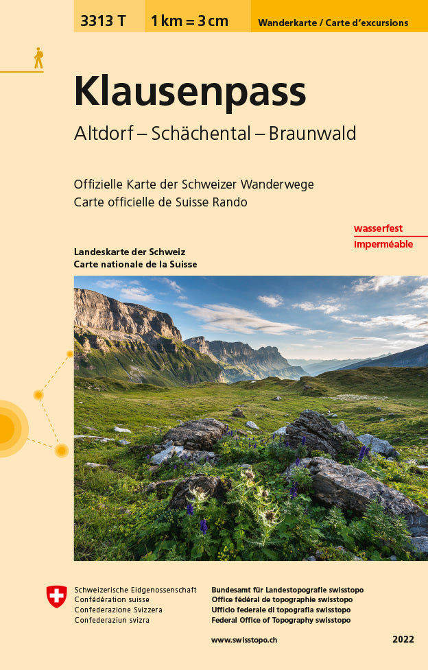 Carte de randonnée imperméable n° 3313T - Klausenpass (Suisse) | Swisstopo - 1/33 333 carte pliée Swisstopo 