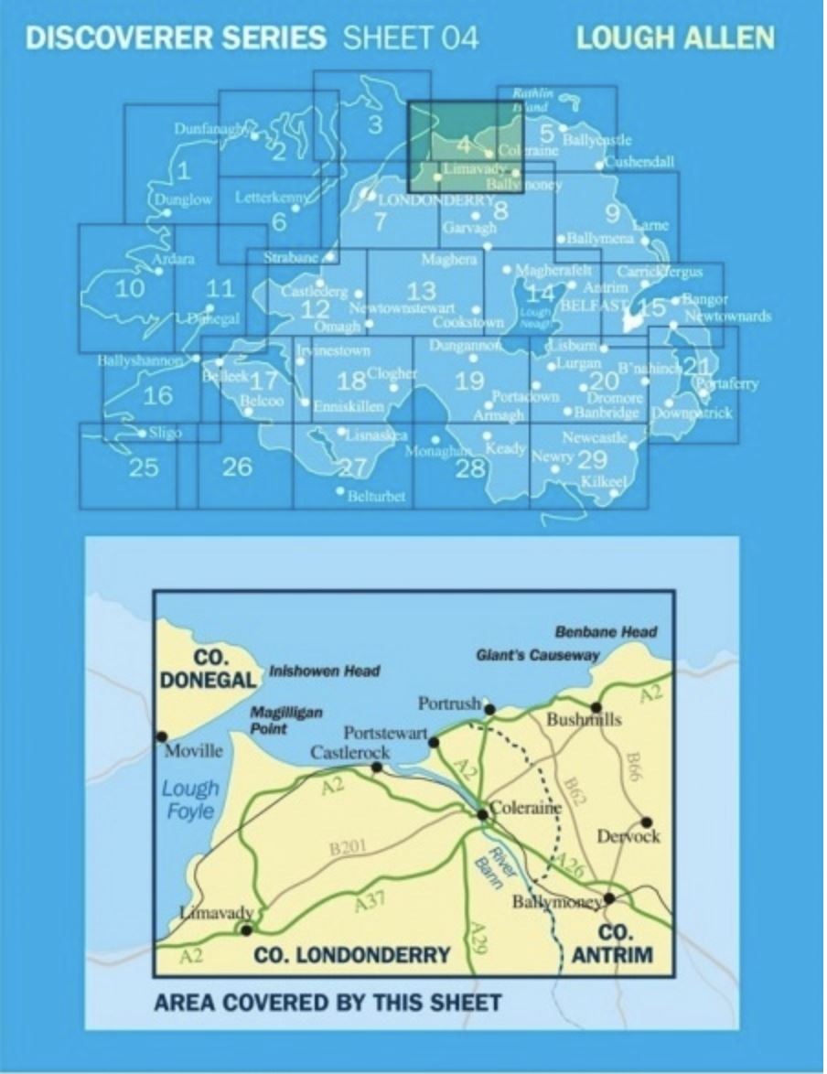 Carte de randonnée n° 004 - Coleraine, Balymoney, Limavady, Portrush (Irlande du Nord) | Ordnance Survey - Discoverer carte pliée Ordnance Survey 