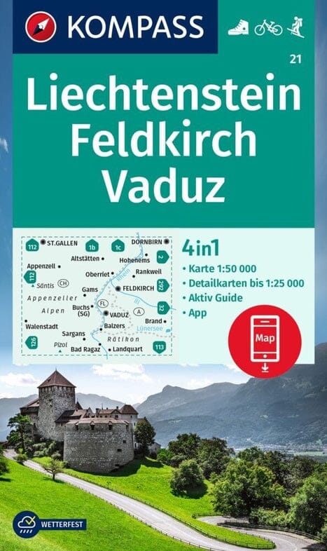 Carte de randonnée n° 021 - Liechstenstein, Feldkirch, Vaduz (Tyrol, Autriche) | Kompass carte pliée Kompass 