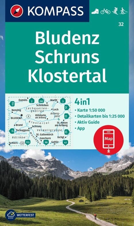 Carte de randonnée n° 032 - Bludenz, Schruns-Klostertal + Aktiv Guide (Autriche) | Kompass carte pliée Kompass 