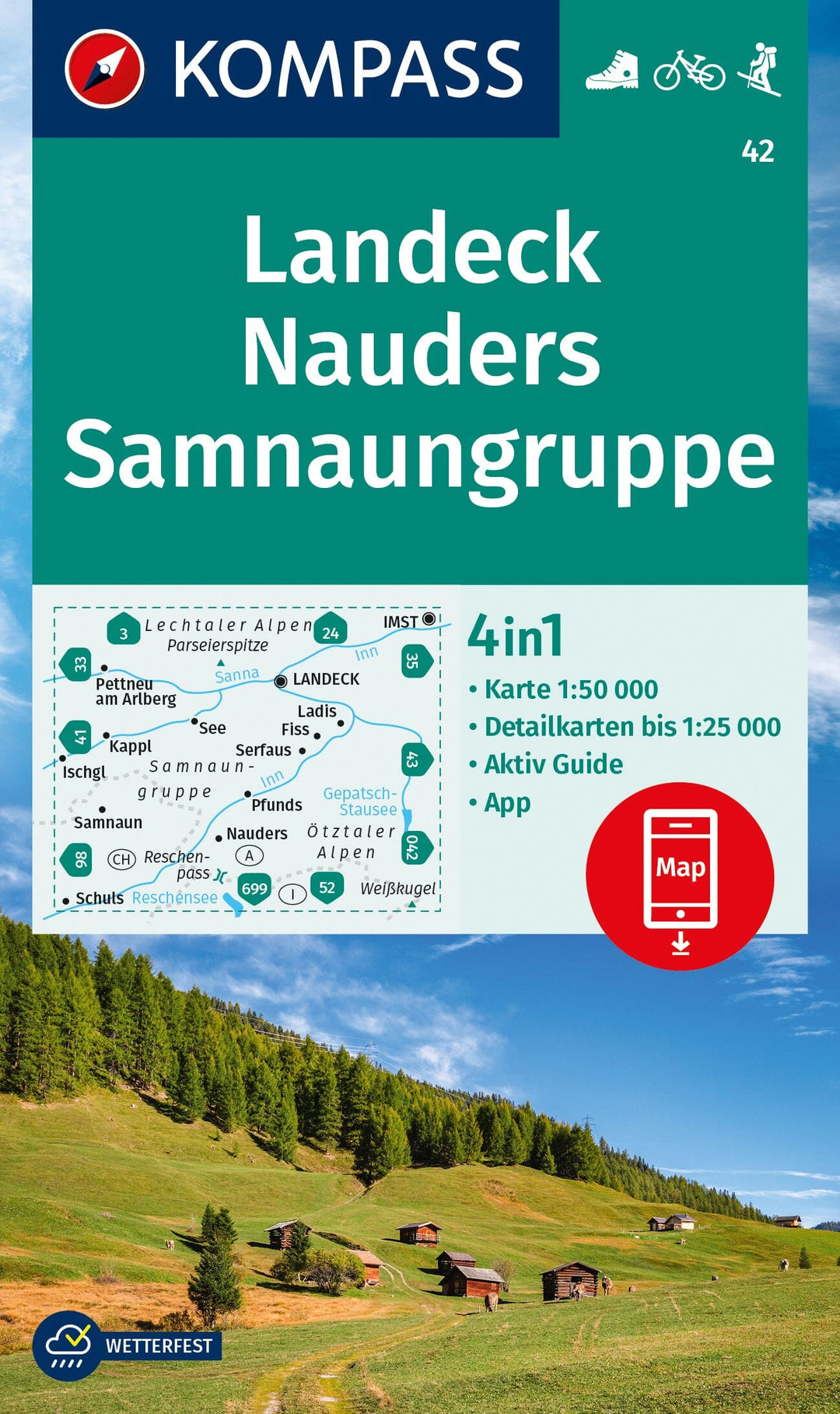 Carte de randonnée n° 042 - Landecks, Nauders-Samnaungruppe + Guide (Tyrol, Autriche) | Kompass carte pliée Kompass 