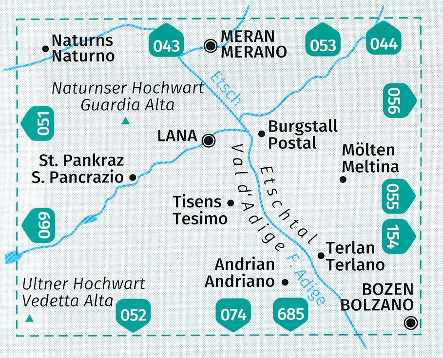 Carte de randonnée n° 054 - Lana, Etschtal, Lana, Val d'Adige (Trentin, Italie) | Kompass carte pliée Kompass 