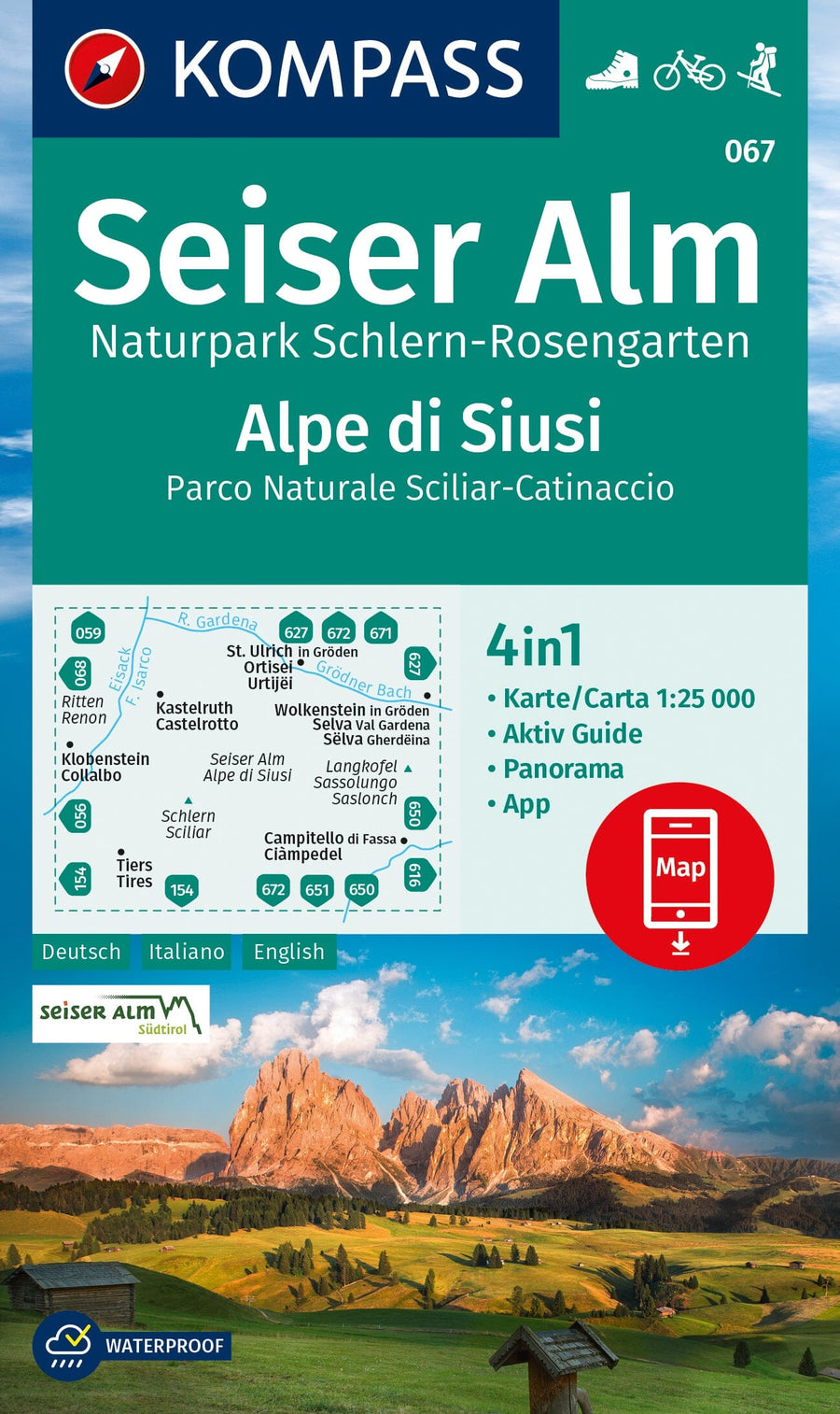 Carte de randonnée n° 067 - Seiser Alm, Alpe di Siusi + Aktiv Guid (Sud Tyrol) | Kompass carte pliée Kompass 