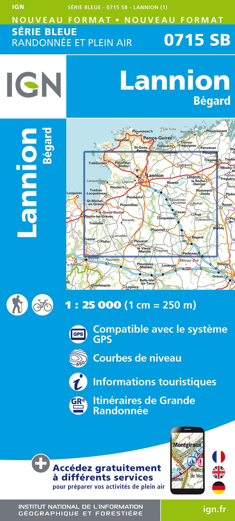 Carte de randonnée n° 0715 - Lannion, Bégard | IGN - Série Bleue carte pliée IGN 