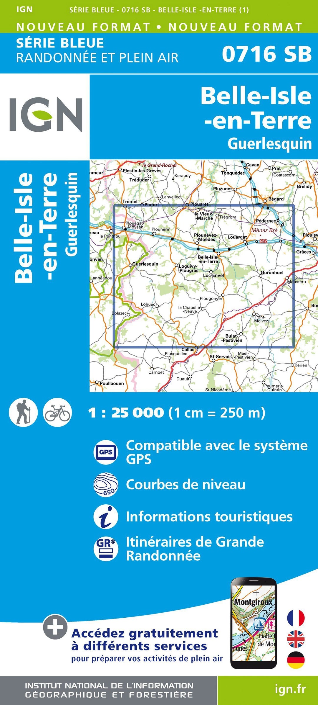 Carte de randonnée n° 0716 - Belle-Isle-en-Terre, Guerlesquin | IGN - Série Bleue carte pliée IGN 