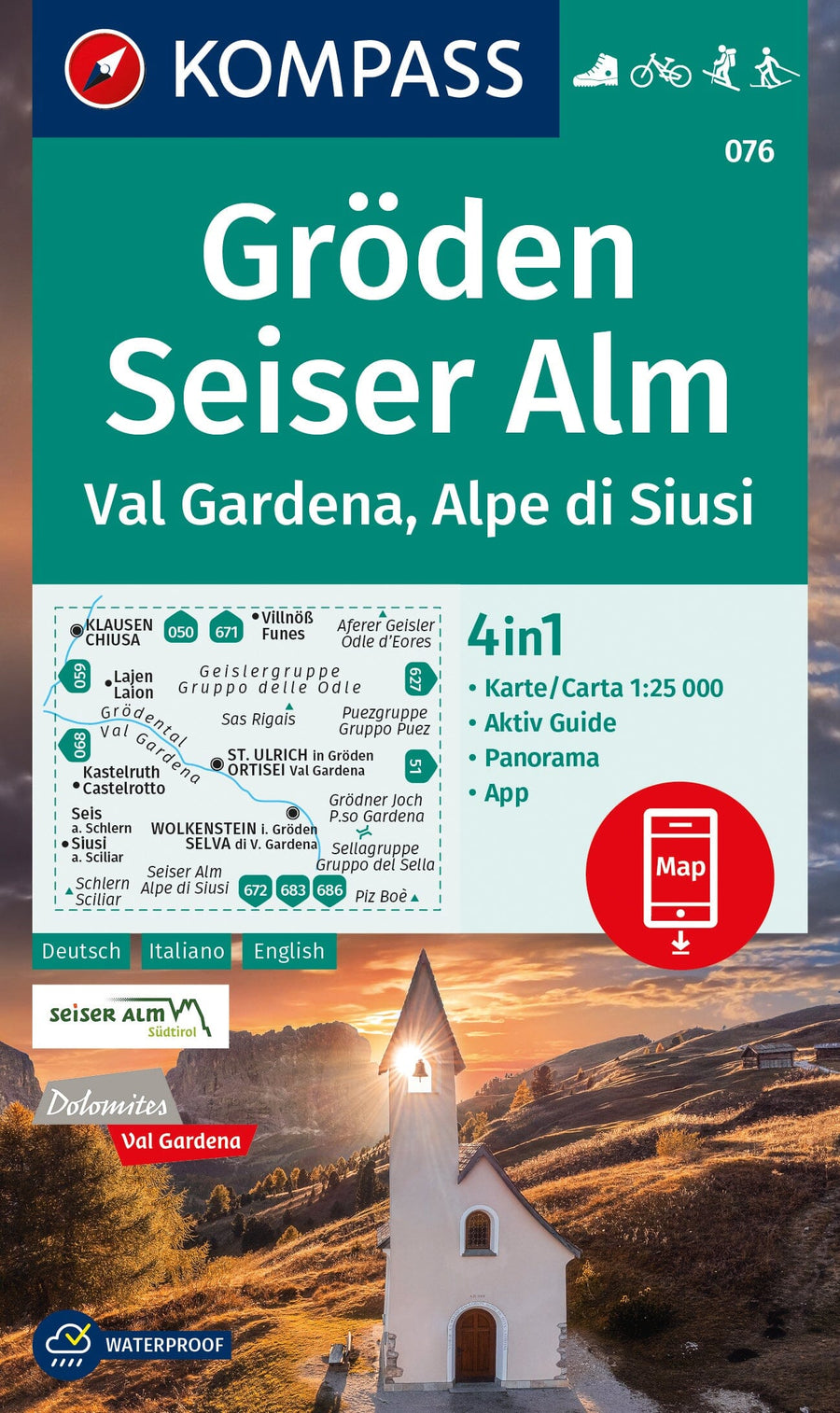 Carte de randonnée n° 076 - Gröden, Seiser Alm/ Val Gardena-Alpe di Siusi (Italie) | Kompass carte pliée Kompass 