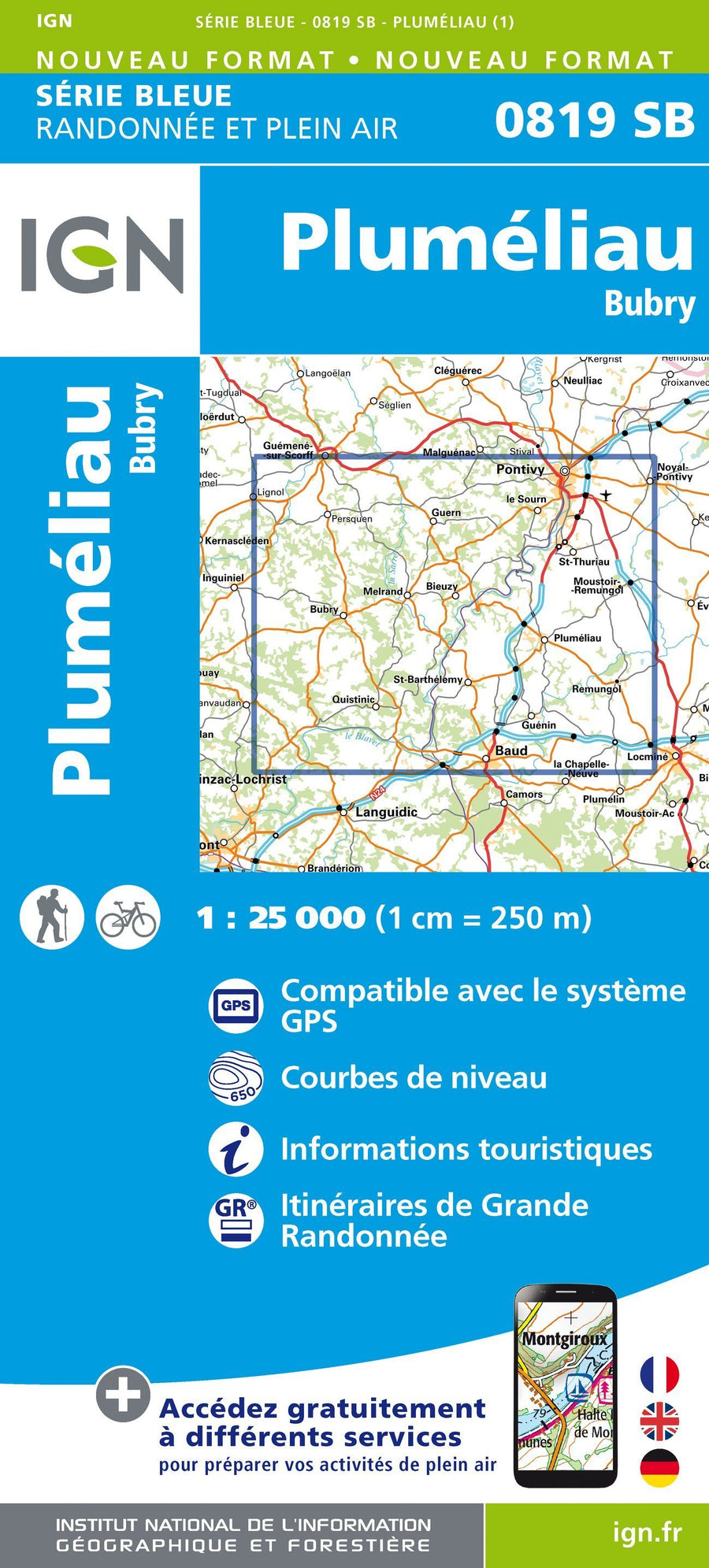 Carte de randonnée n° 0819 - Pluméliau, Bubry | IGN - Série Bleue carte pliée IGN 