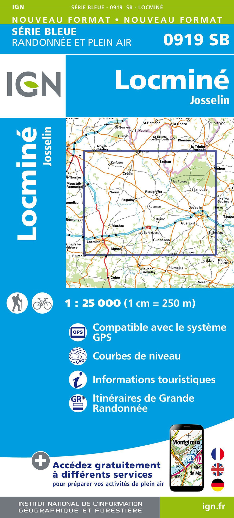 Carte de randonnée n° 0919 - Locminé - Josselin | IGN - Série Bleue carte pliée IGN 