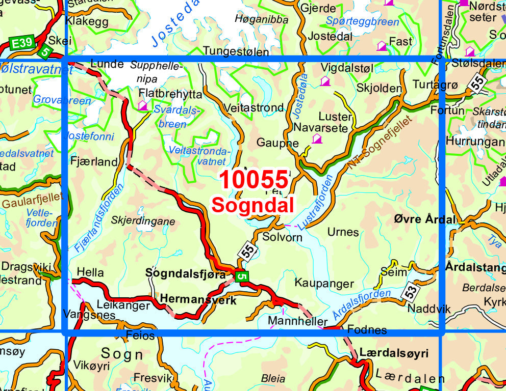 Carte de randonnée n° 10055 - Sogndal (Norvège) | Nordeca - Norge-serien carte pliée Nordeca 