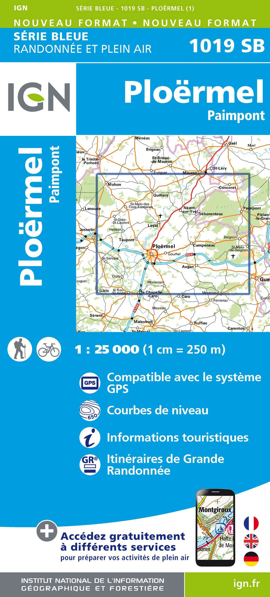 Carte de randonnée n° 1019 - Ploërmel, Paimpont | IGN - Série Bleue carte pliée IGN 